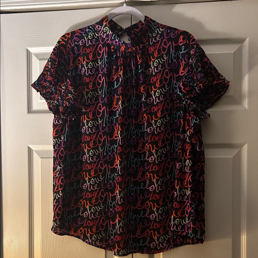 New York & Company Multicolor Script Blouse